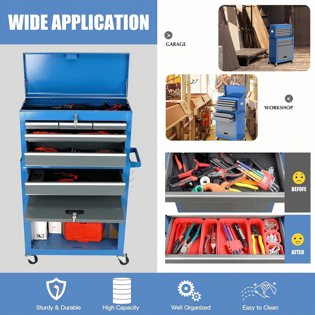 AIRAJ 8-Drawer Tool Chest with 360° Swivel Castors,42' Rolling Tool Chest with Drawers and Lock,2-in-1 Detachable Metal Cabinet with Drawer Liners and Trays,Suitable for Garages,Workshops &Warehouses