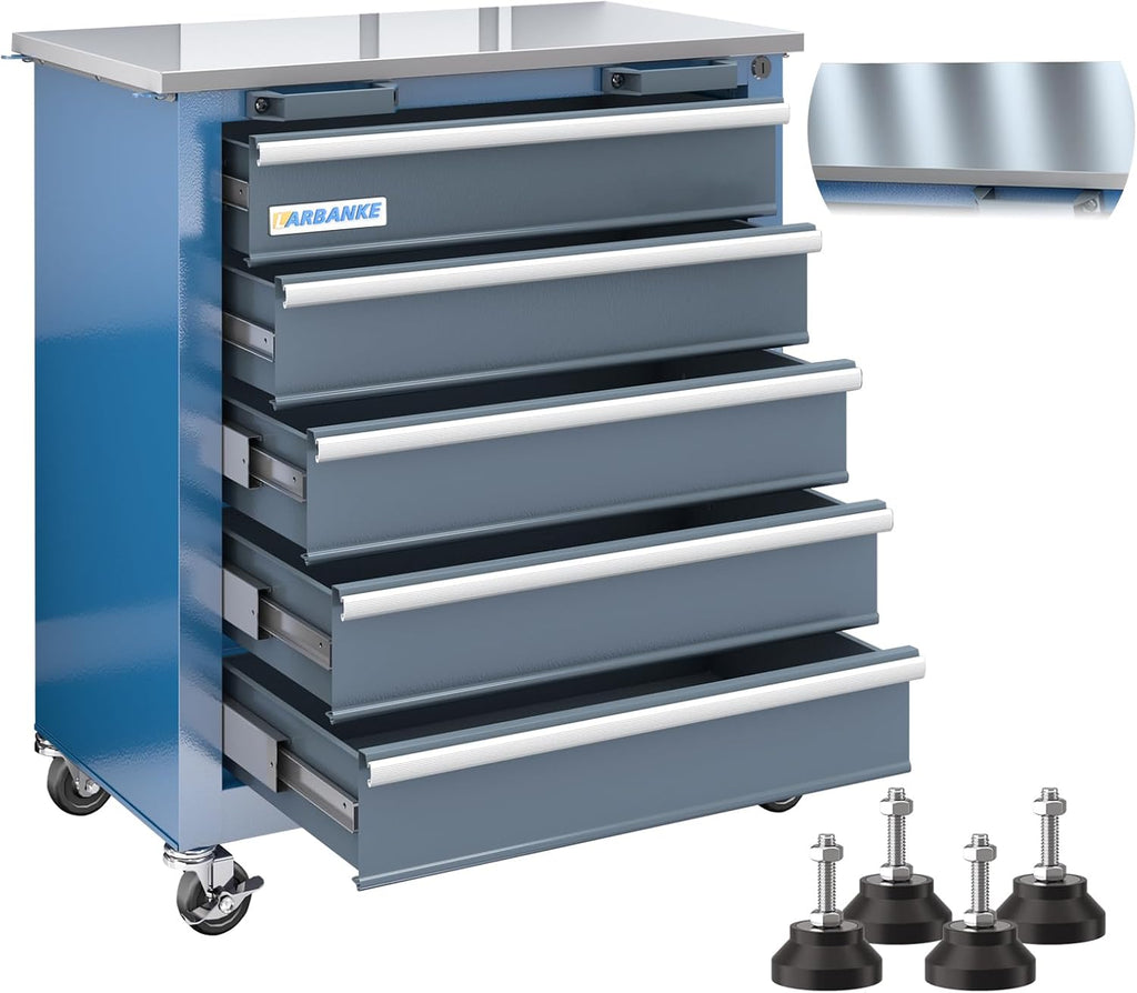 LARBANKE 5-Drawer Rolling Tool Chest with Stainless CounterTop,Tool Chest with Keyed Locking System, with Wheels and Foot Pads,Rolling Tool Cabinet with Drawer Liners,Unique Link Buckle for Connecting