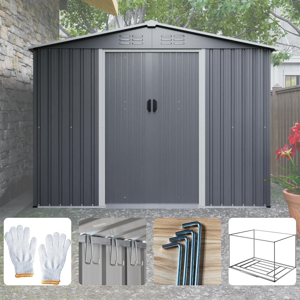 Large Outdoor Storage Shed 10x12 FT, Heavy-Duty Metal Garden Tool Organizer with Lockable Doors and Weather-Resistant Roof for Backyard (8x6 ft Grey with Floor Frame)
