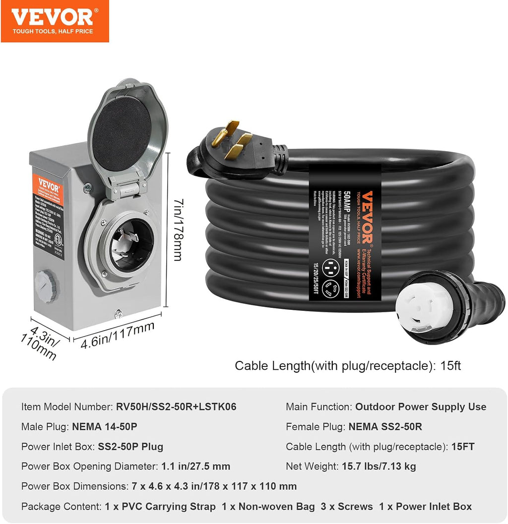 VEVOR 50 Amp Generator Cord and Power Inlet Box Kit, 15FT Generator Extension Cord NEMA 14-50P/SS2-50R STW 6/3+8/1 AWG with Twist Lock Connector, Pre-Drilled Inlet Box, ETL Listed