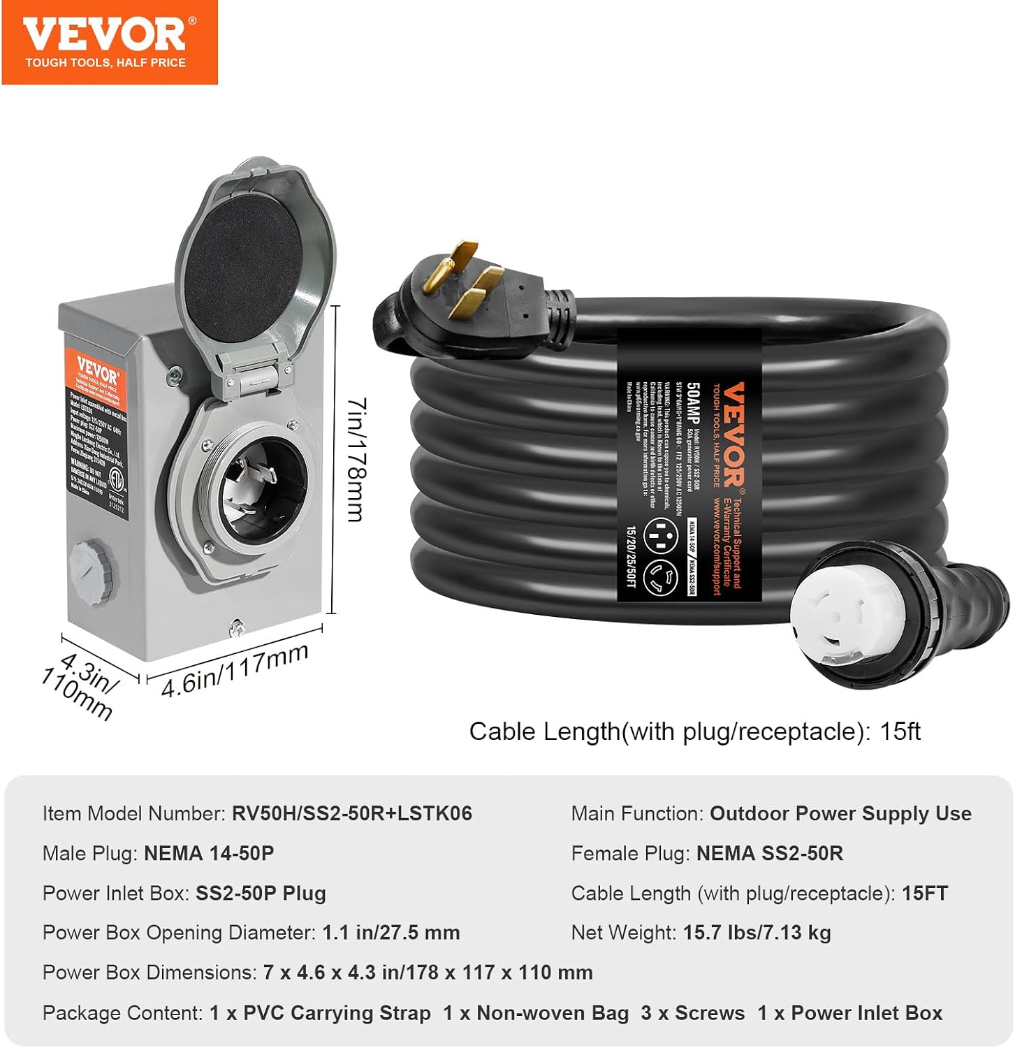 VEVOR 50 Amp Generator Cord and Power Inlet Box Kit, 15FT Generator Extension Cord NEMA 14-50P/SS2-50R STW 6/3+8/1 AWG with Twist Lock Connector, Pre-Drilled Inlet Box, ETL Listed