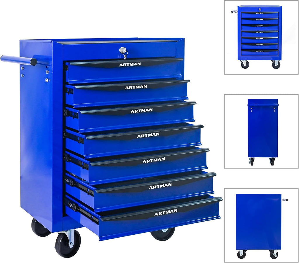 Rolling Tool Box with Wheels, Mechanics Tool Chest with 7 Drawers, Tool Box Organizer with 7 Tool Storage Boxes, Lockable Tool Storage Cabinet for Home Garage Workshop Warehouse Repair Shop, Blue