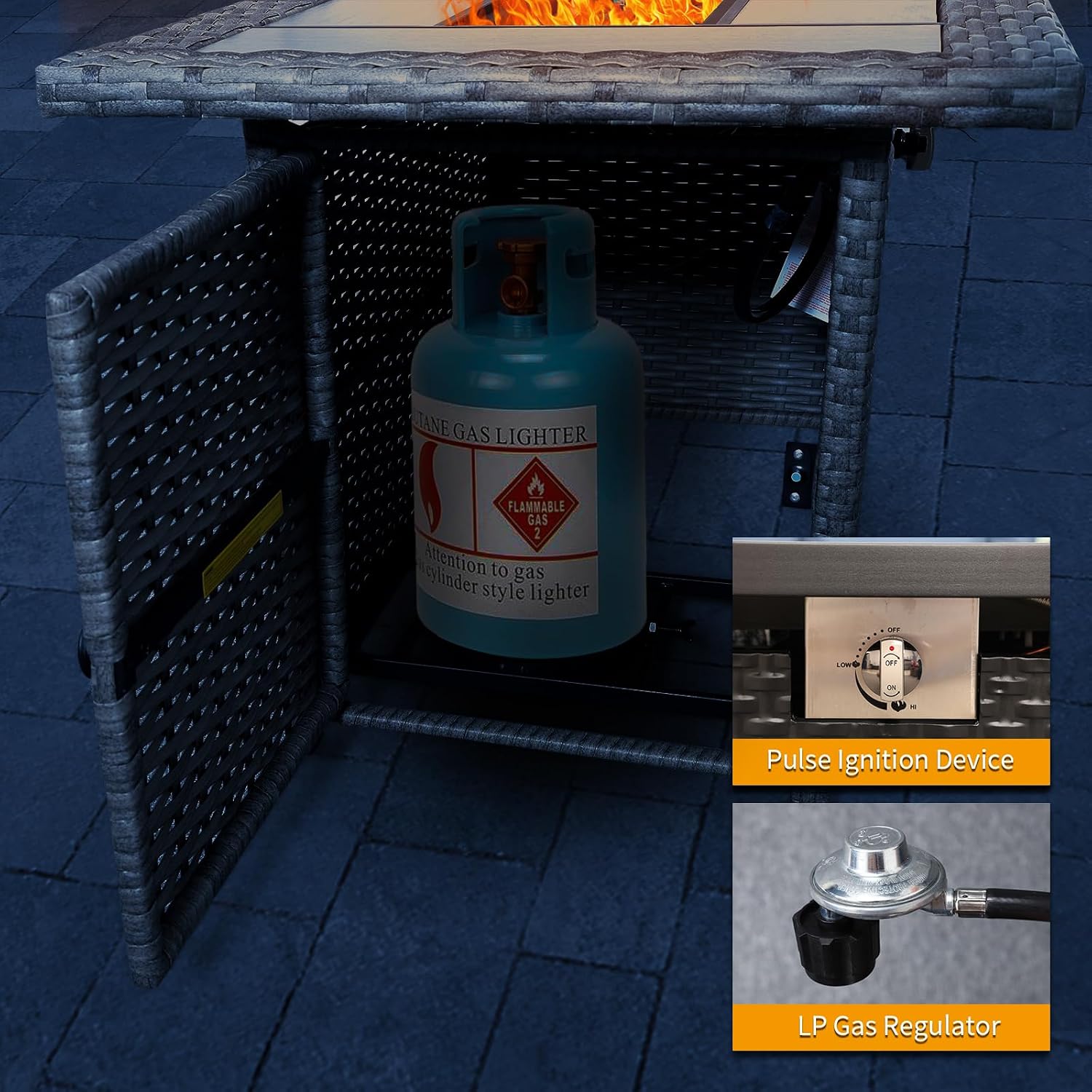 60000 BTU Wicker Gas Fire Pit Outdoor Fire Pit Table 45 Inch Fire Pits for Outside with Woodgrain Marble Tabletop Fire Pit Cover and Blue Crystal Beads