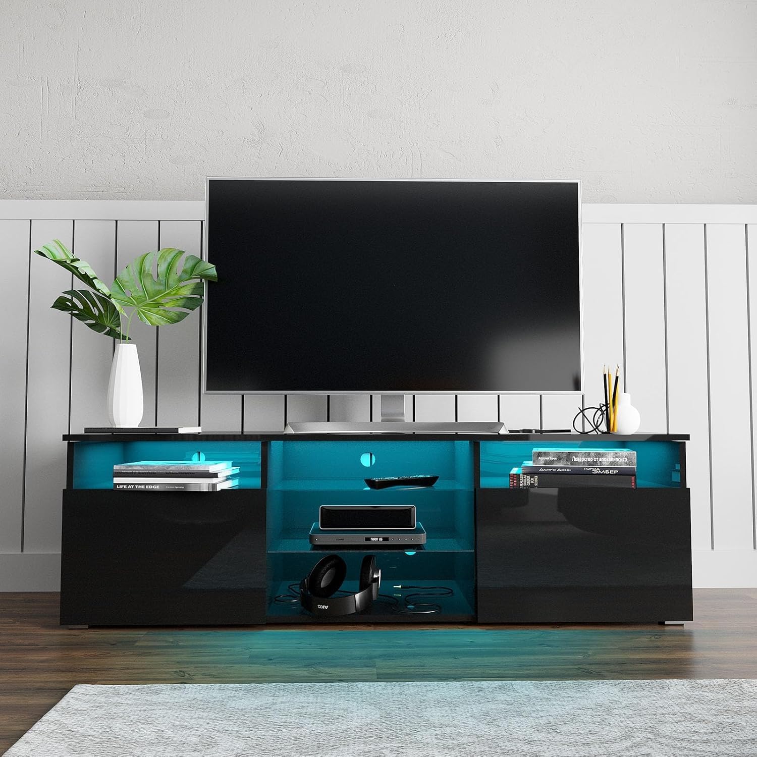 Hlivelood 57' Large LED TV Stand for 65/60/55Inch TV, High Glossy Black TV Stand for Living Room,Modern Gaming TV Entertainment Center with Adjustable Storage Shelf,TV Console(Black)