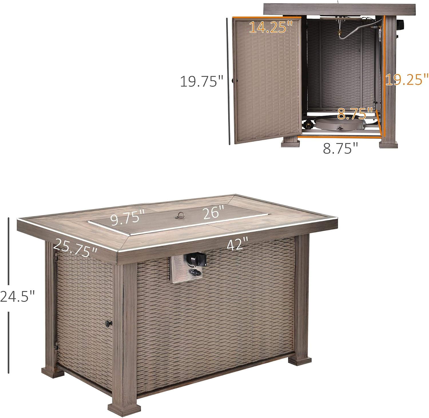Outsunny Propane Fire Pit Table, 30,000 BTU 42' Wicker-Effect Gas Fire Table, Auto-Ignition Rectangular Outdoor Firepit with Lid, Ceramic Tabletop, Lava Rocks and Rain Cover, CSA Certification, Gray