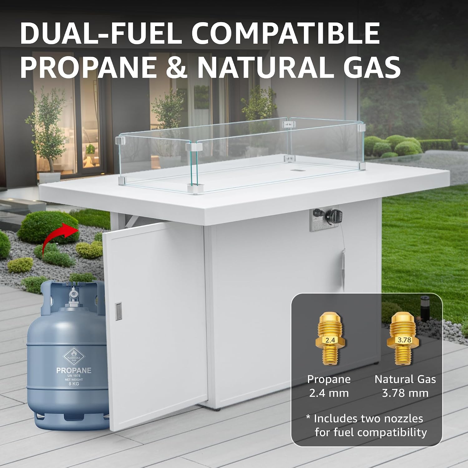 NICESOUL 43' Aluminum Outdoor Propane Fire Pit Table, 60,000 BTU Rectangle Natural Gas Firepits, Rust-Proof All-Weather Fire Table with Wind Guard & Glass Rocks for Patio Outside CSA-Certified, White