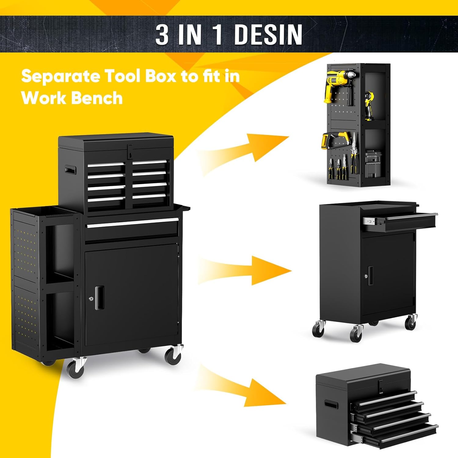 SILVEL 5-Drawers Rolling Tool Chest, Assembled Tool Box with Auto Locking System & Lockable Wheels & Sliding Drawers & Detachable Top, Tool Storage Cabinet for Garage Workshop, Black