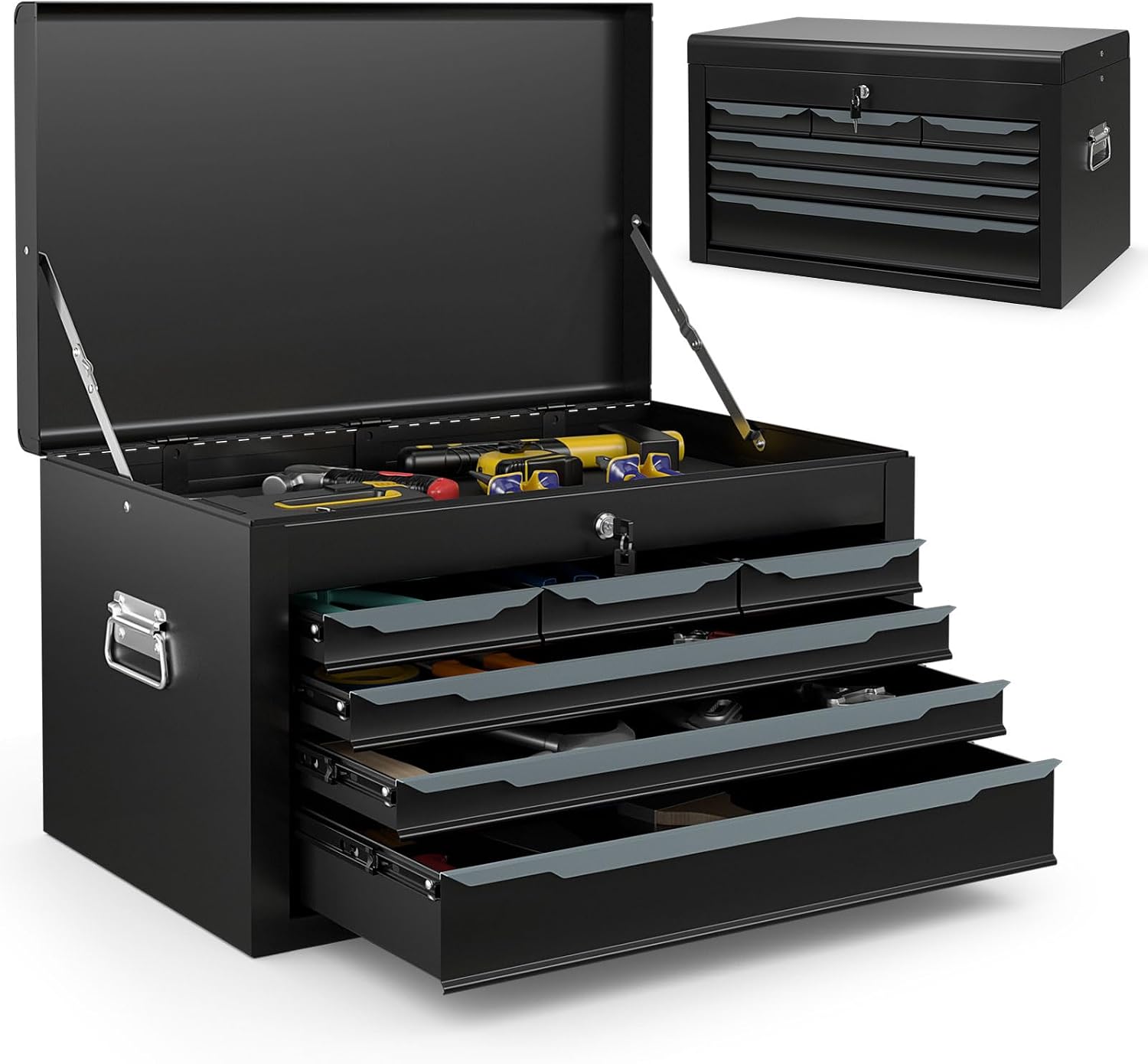 ARNOT Large Metal Tool Box, Tool Box with 6 Drawers & Top Tray, Heavy-Duty Steel Tool Chest with Auto-Locking Drawers and Side Handles for Garage & Workbench (Black)