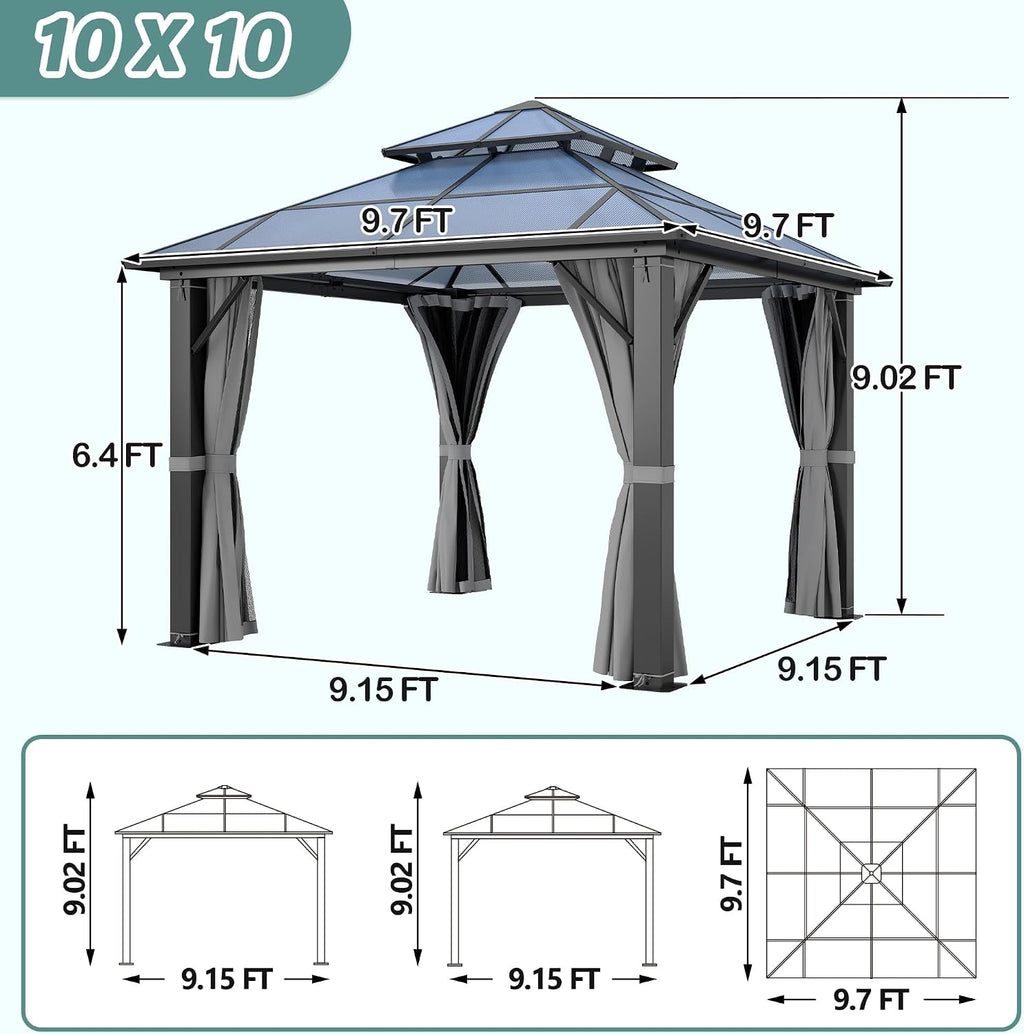 10'x10' Hardtop Gazebo, Outdoor Polycarbonate Double Roof Gazebos with Netting and Curtains, Heavy Duty Metal Pavilion for Patio, Backyard, Deck and Lawn