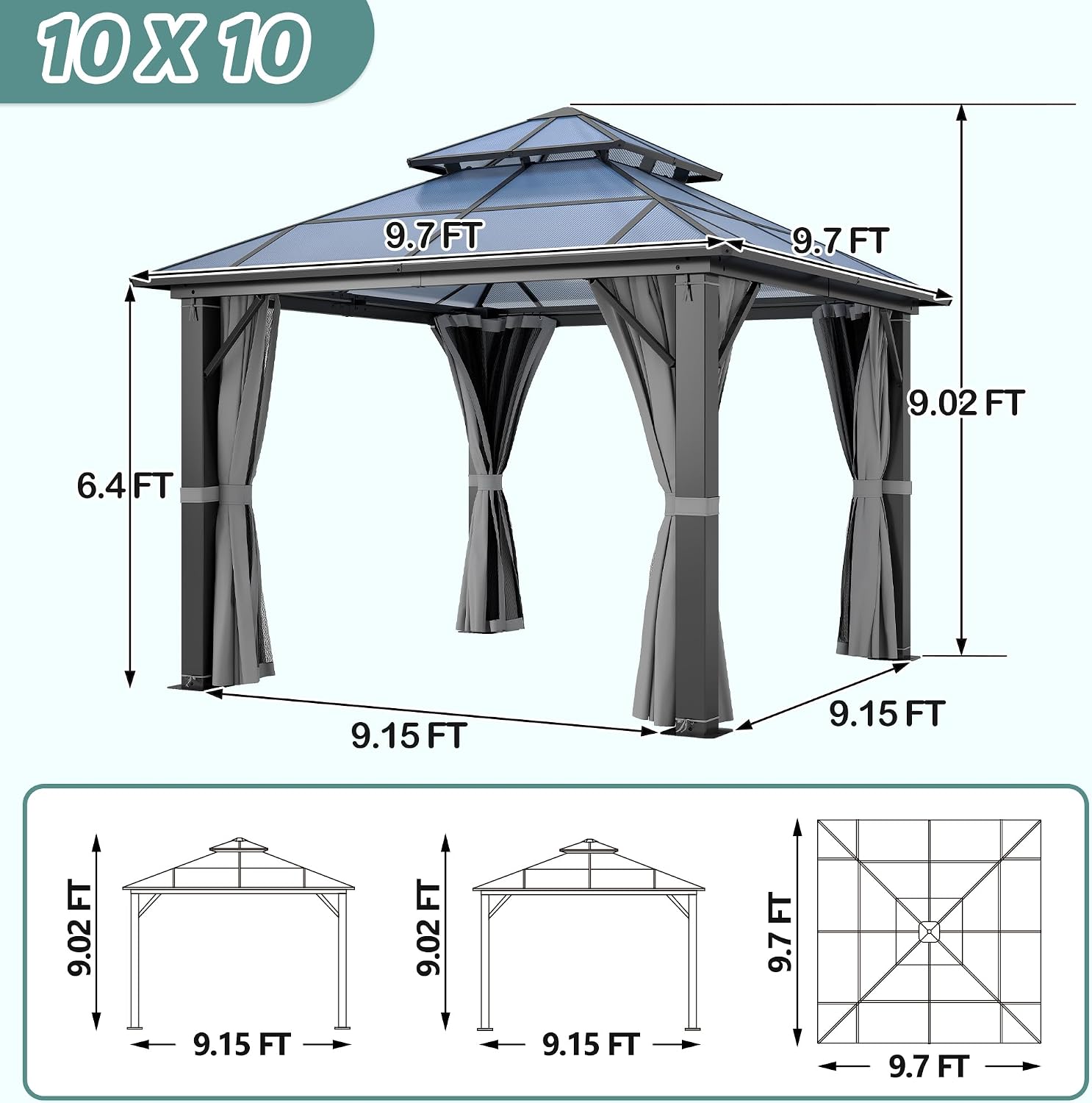 10'x10' Hardtop Gazebo, Outdoor Polycarbonate Double Roof Gazebos with Netting and Curtains, Heavy Duty Metal Pavilion for Patio, Backyard, Deck and Lawn