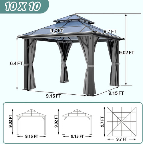 10'x10' Hardtop Gazebo, Outdoor Polycarbonate Double Roof Gazebos with Netting and Curtains, Heavy Duty Metal Pavilion for Patio, Backyard, Deck and Lawn