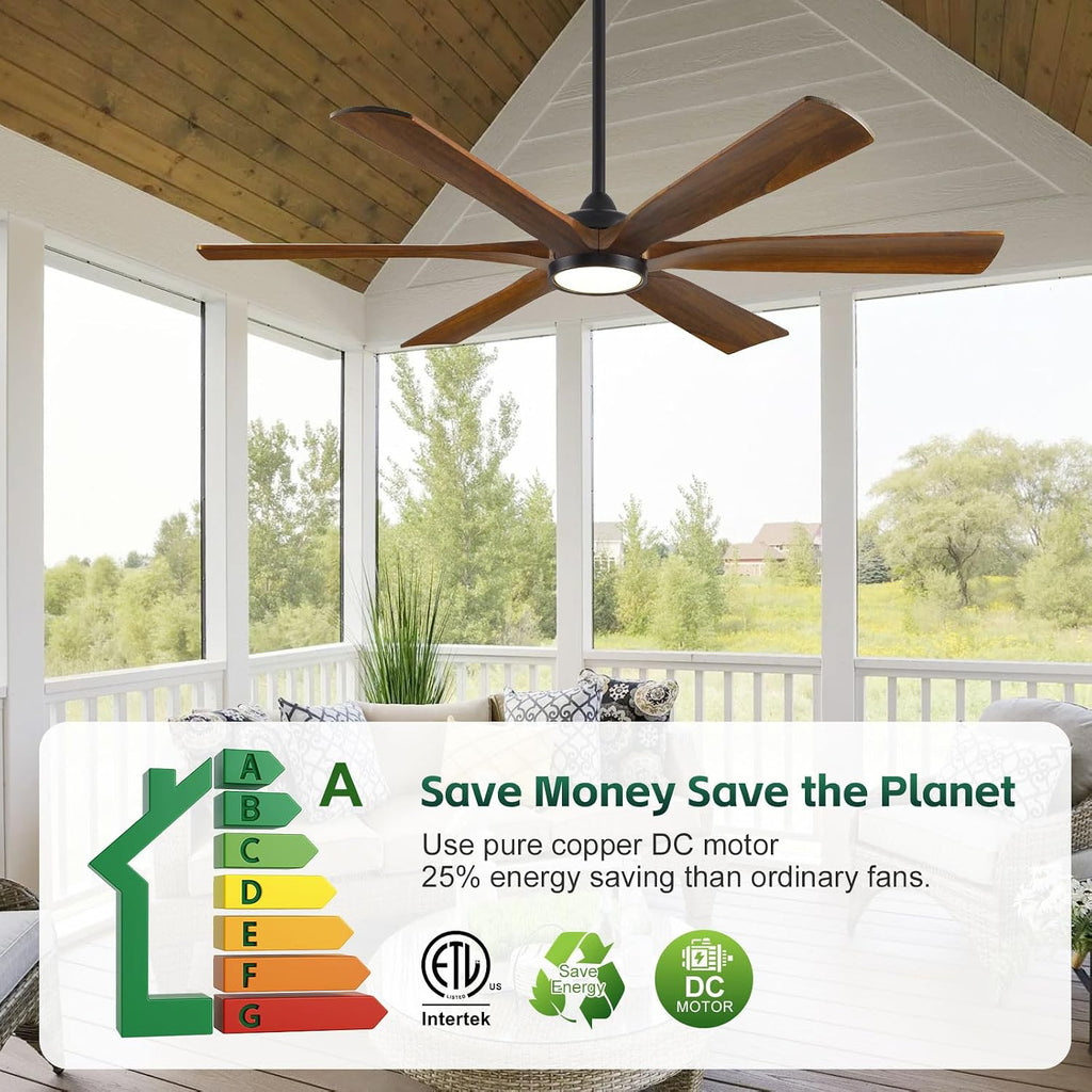 60 Inch Indoor Outdoor Ceiling Fan with Light and Remote - Modern Farmhouse Style, 6 Solid Wood Blades, High CFM Quiet Reversible Energy Efficient DC Motor, Damp-rated for Patios Porch Gazebo Garage
