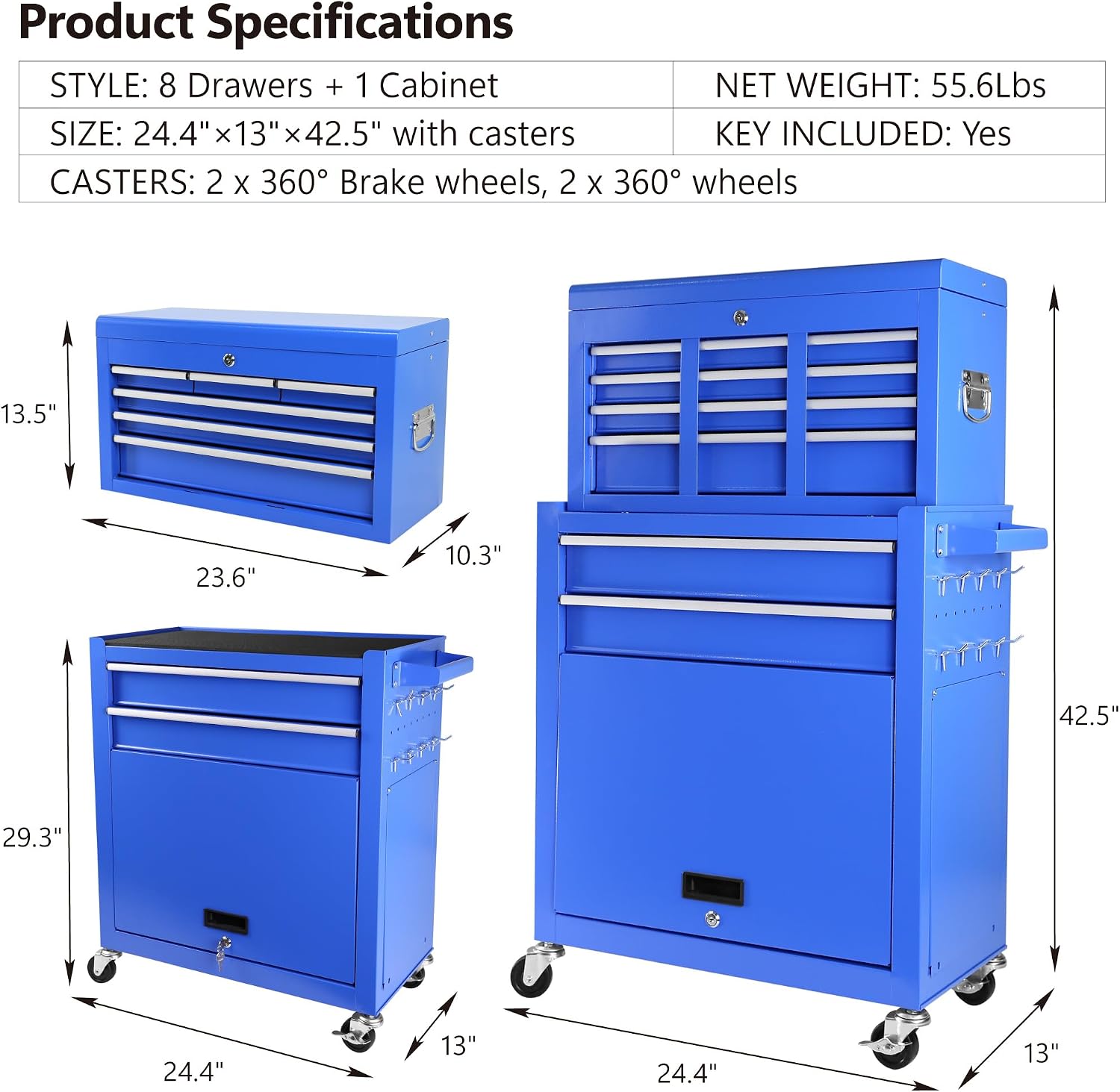HRVEOCEI Rolling Tool Chest with Drawers, Metal Tool Cabinet on Wheels with Detachable Top Tool Box, 5-Drawer Tool Cart with Adjustable Shelf and Locking Mechanism (8-Drawer Blue)