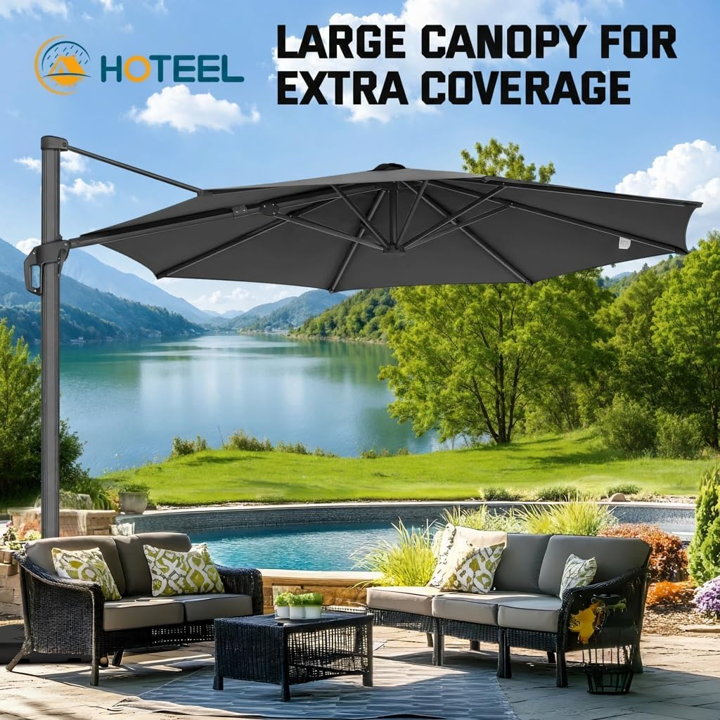 Hoteel 10ft Patio Umbrella Heavy Duty Aluminum Windproof & Shade Provision Outdoor Cantilever Round Offset Large Umbrella Height Adjustable with 360°Rotation for Patio Pool Deck Gazebo, Gray