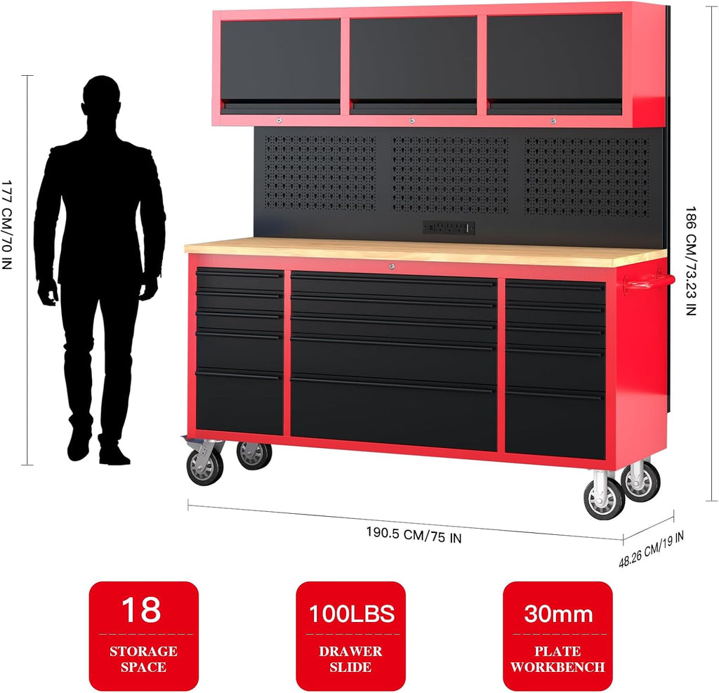 AIRAJ 72-inch Rolling Tool Chest,Garage Workbench with 15 Storage Drawers,Heavy-Duty Tool Cabinet on Wheels with Solid Rubber Wood Top,3 Upper Cabinet,Pegboard & Power Strip for Tool Organization