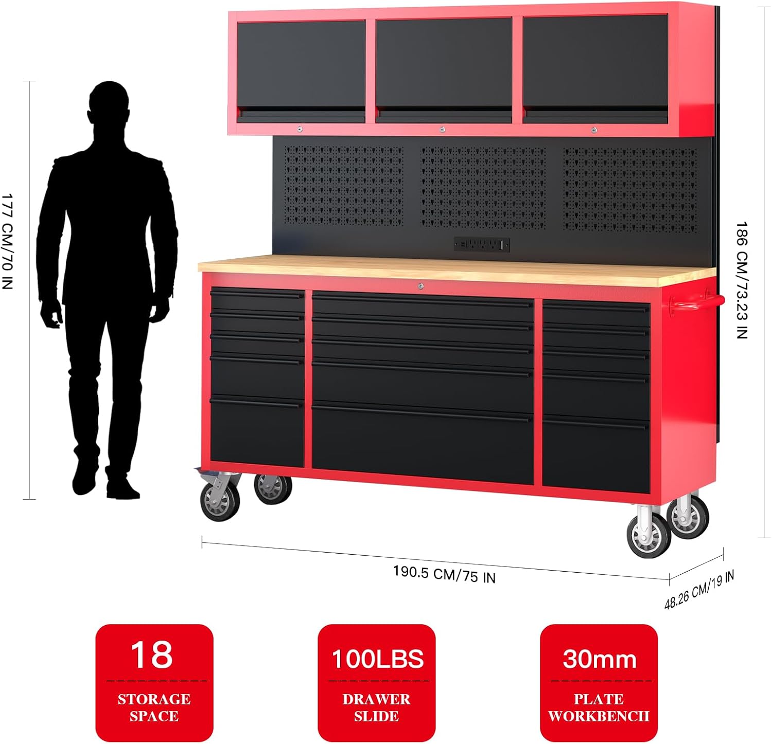 AIRAJ 72-inch Rolling Tool Chest,Garage Workbench with 15 Storage Drawers,Heavy-Duty Tool Cabinet on Wheels with Solid Rubber Wood Top,3 Upper Cabinet,Pegboard & Power Strip for Tool Organization