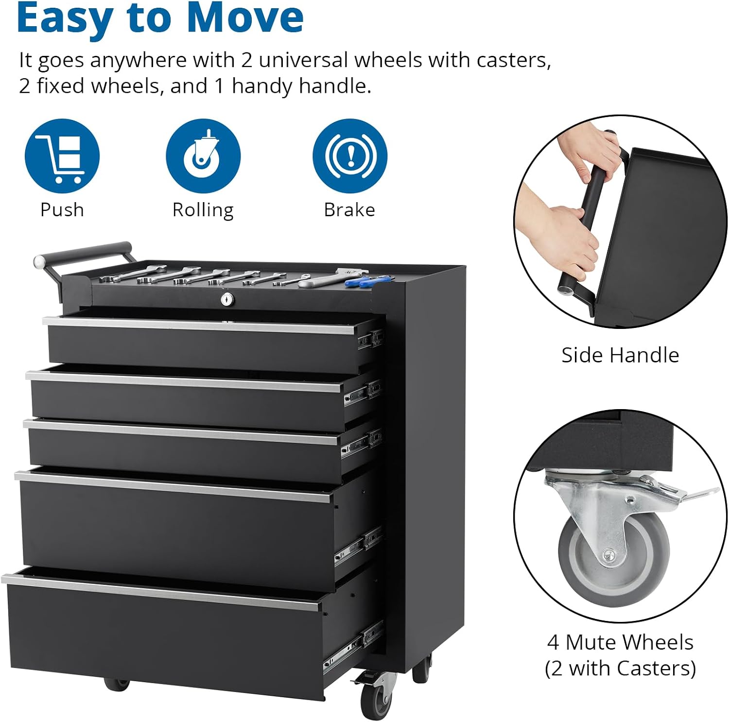 5-Drawers Rolling Tool Chest, Tool Storage Cabinet Organizer with Wheels and Lock System, Portable Toolbox Cart for Garage, Warehouse, Workshop & Repair Shop
