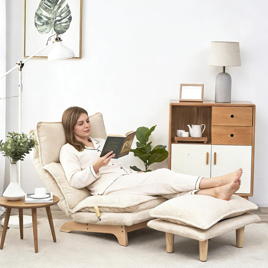 Beige Lazy Floor Lounger with Ottoman, Adjustable Floor Chair Bean Bag Style Tatami Sofa with Thick Cushions and Back Support, Comfy Lounge Seating for Adults, Gaming & Bedroom Relaxation