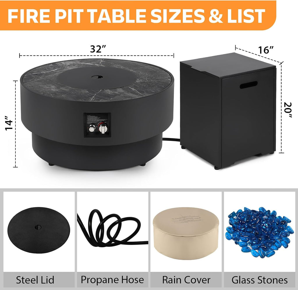 32' Outdoor Propane Fire Pit Table, 50,000 BTU Gas Fire Table with Tank Cover, Marble-Look Ceramic Top, Steel Lid, & Rain Cover, Round Patio Firepit for Backyard, Garden, Party