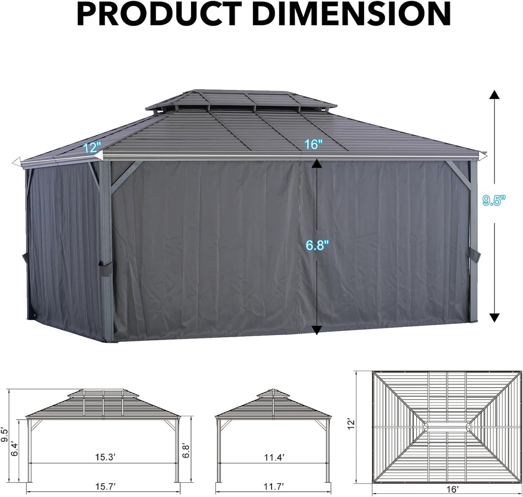 LeDoasis Nova 12' X 16' Hardtop Gazebo with Breathable Netting & Privacy Curtain, Permanent Hard top Metal Canopy Gazebo with Galvanized Steel Double Roof, for Patio Lawn and Garden