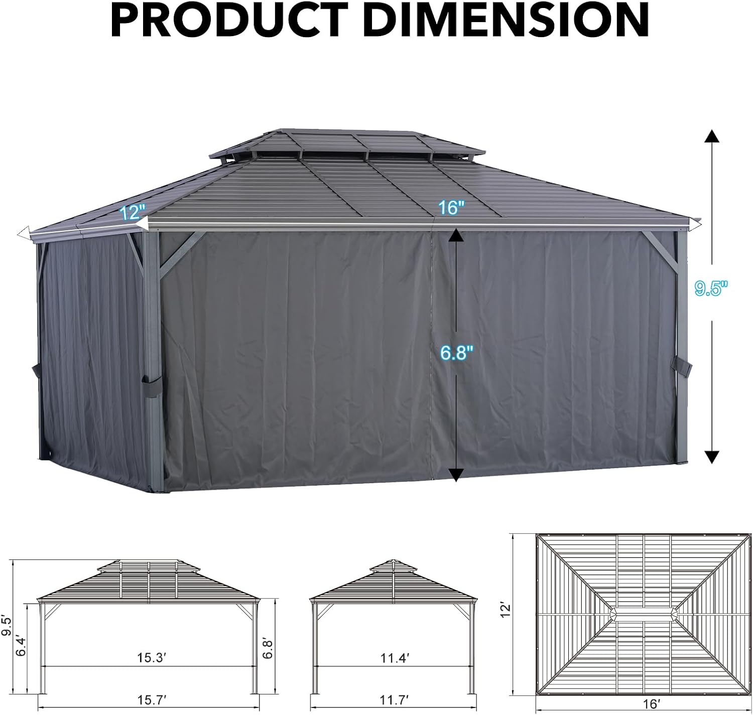 LeDoasis Nova 12' X 16' Hardtop Gazebo with Breathable Netting & Privacy Curtain, Permanent Hard top Metal Canopy Gazebo with Galvanized Steel Double Roof, for Patio Lawn and Garden