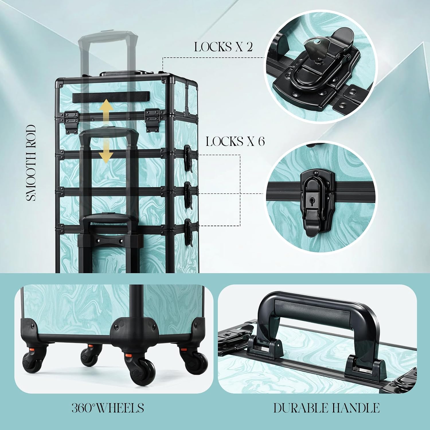 Yueieoun Rolling Makeup Case, 4 in 1 Makeup Case on Wheels, Professional Makeup Trolley, Cosmetic Train Case Makeup Cart Travel Trolley with Key for MUA, Hairstylists, Nail Tech, Turquoise Vitality