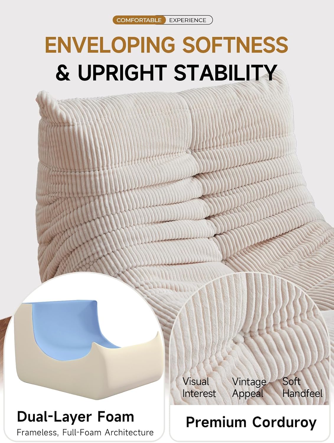 ZCUBED Large Bean Bag Chairs for Adults, Memory Foam Lounge Chair, Soft Corduroy Big Bean Bag Chair Lazy Sofa, Comfy Floor Beanbag Chair Single Sofa for Bedroom Living Room Fireside Book Nook, Beige