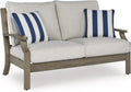 Signature Design by Ashley Rainier Ranch Casual Nuvella Weather Resistant Fabric Outdoor Loveseat with Cushion and 2 Accent Pillows, Light Brown & Light Gray