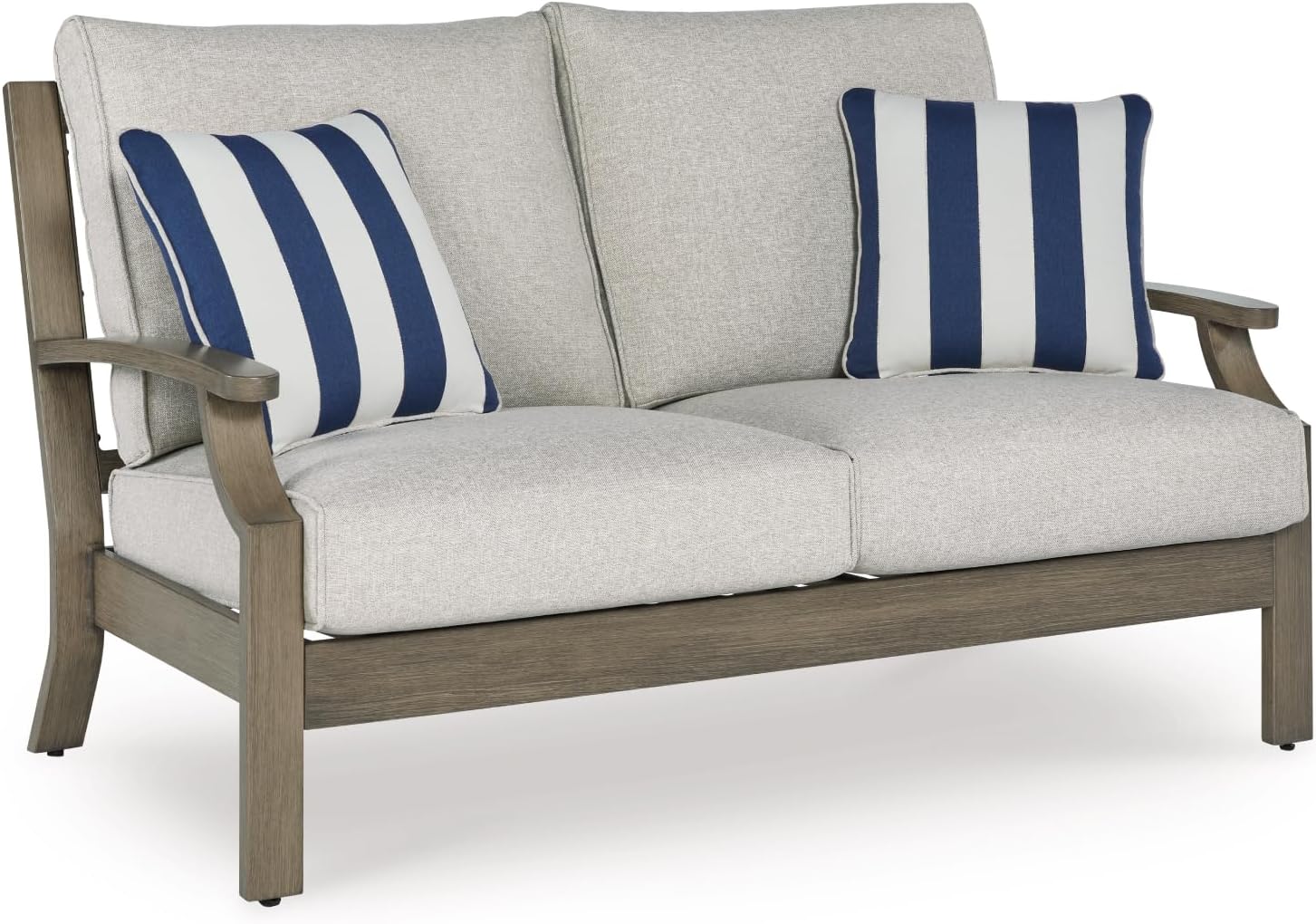 Signature Design by Ashley Rainier Ranch Casual Nuvella Weather Resistant Fabric Outdoor Loveseat with Cushion and 2 Accent Pillows, Light Brown & Light Gray