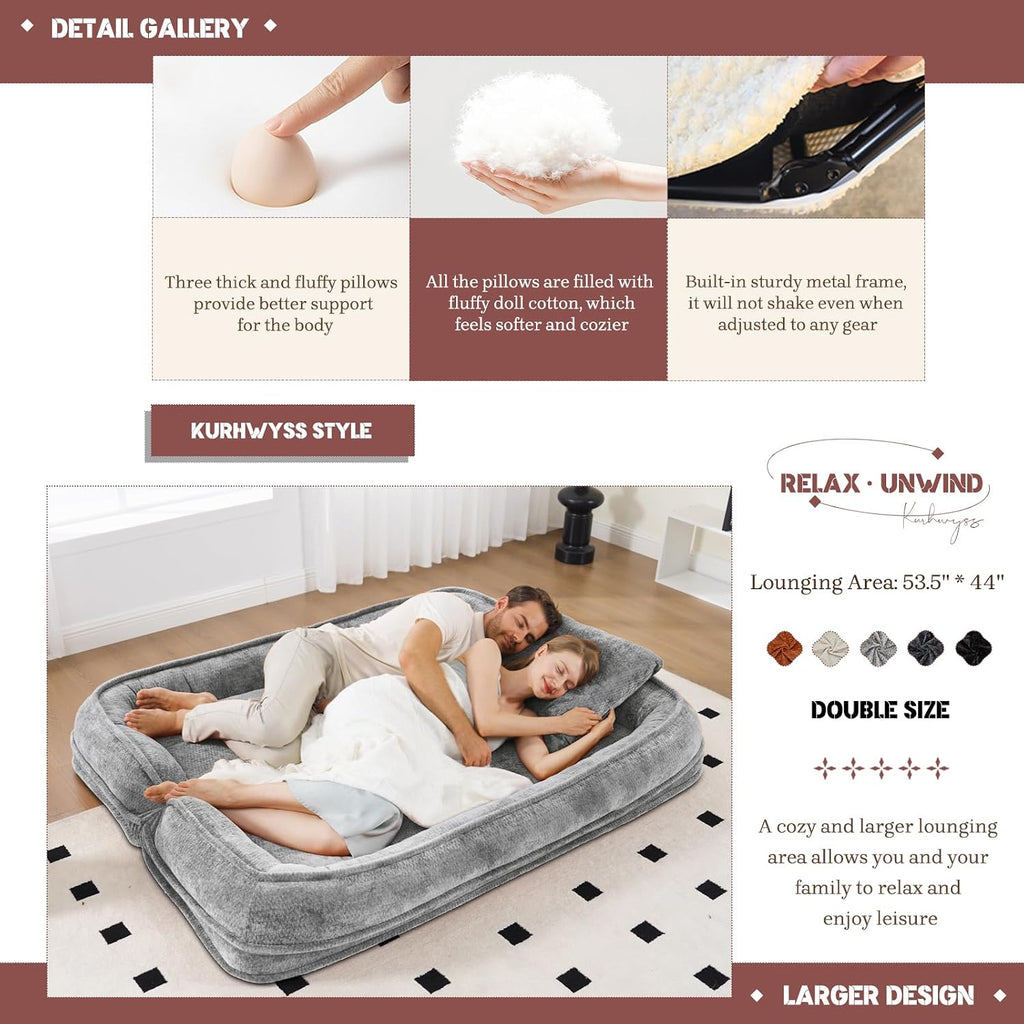 Extra Large Human Dog Bed for Adult & Pets, Convertible Floor Sofa Bed with 5 Adjustable Position, Lazy Couch Giant Bean Bag Lounge Chair Comfy Tatami with 3 Pillows for Bedroom Living Room (Grey)