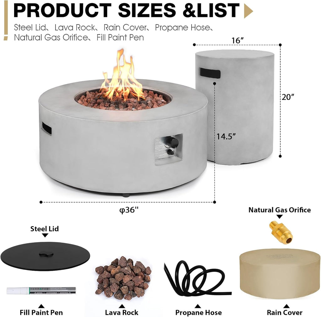 2-Piece Outdoor Propane Fire Pit Table Set w/Tank Cover Table, 36-inch 50,000 BTU Concrete Firepit SUS201 Round Burner with Steel Lid, Lava Rocks, Rain Cover