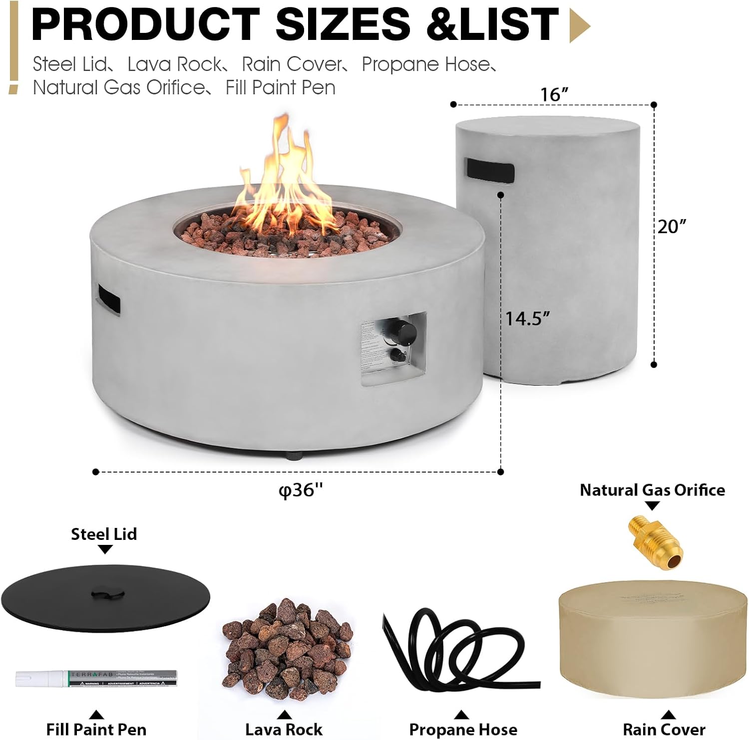 2-Piece Outdoor Propane Fire Pit Table Set w/Tank Cover Table, 36-inch 50,000 BTU Concrete Firepit SUS201 Round Burner with Steel Lid, Lava Rocks, Rain Cover