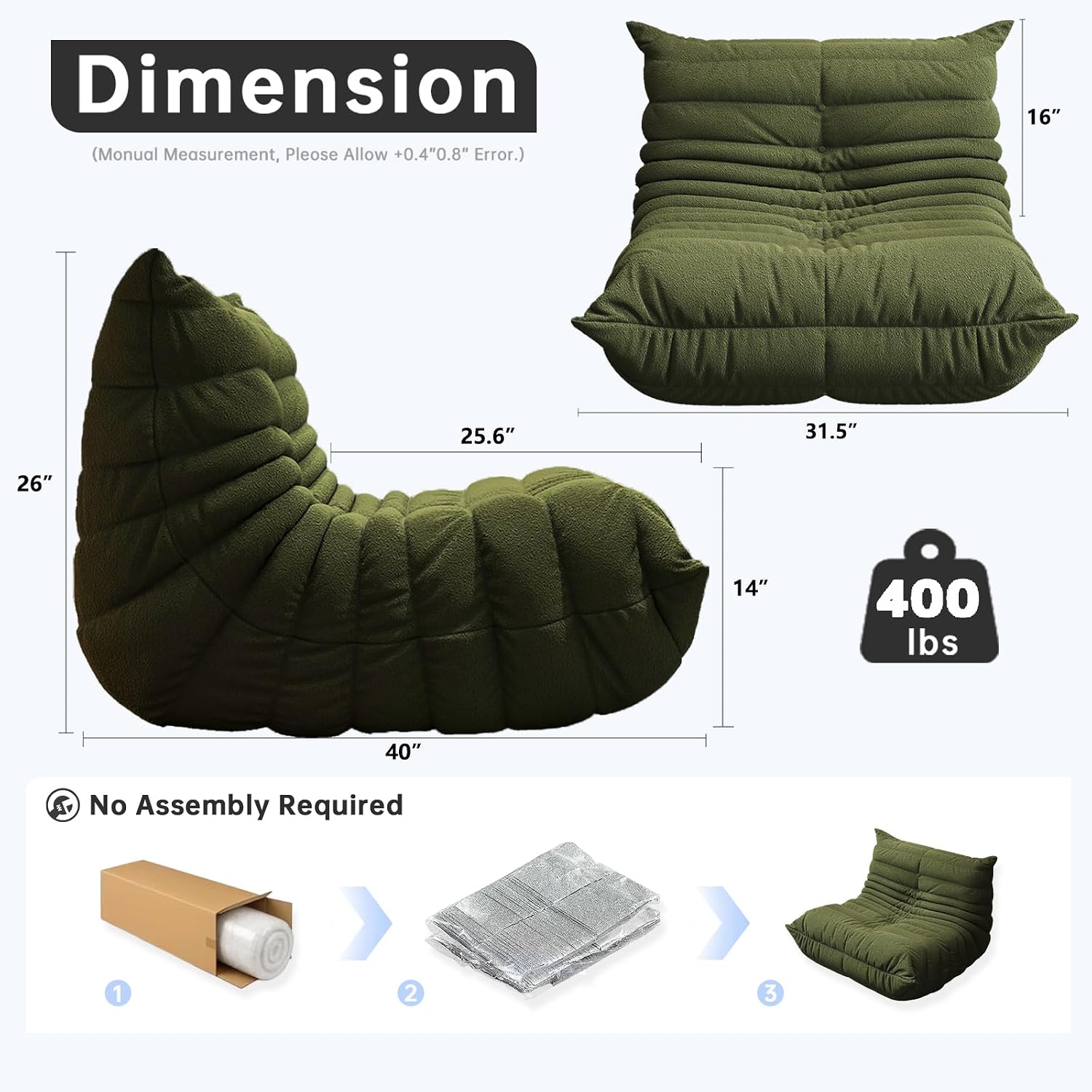 Memory Foam Bean Bag Chair for Adults, Teddy Material Beanbag Sofa with Filler, Cozy Floor Lounge Seat for Living Room, Bedroom, Dorm, Office (Green)