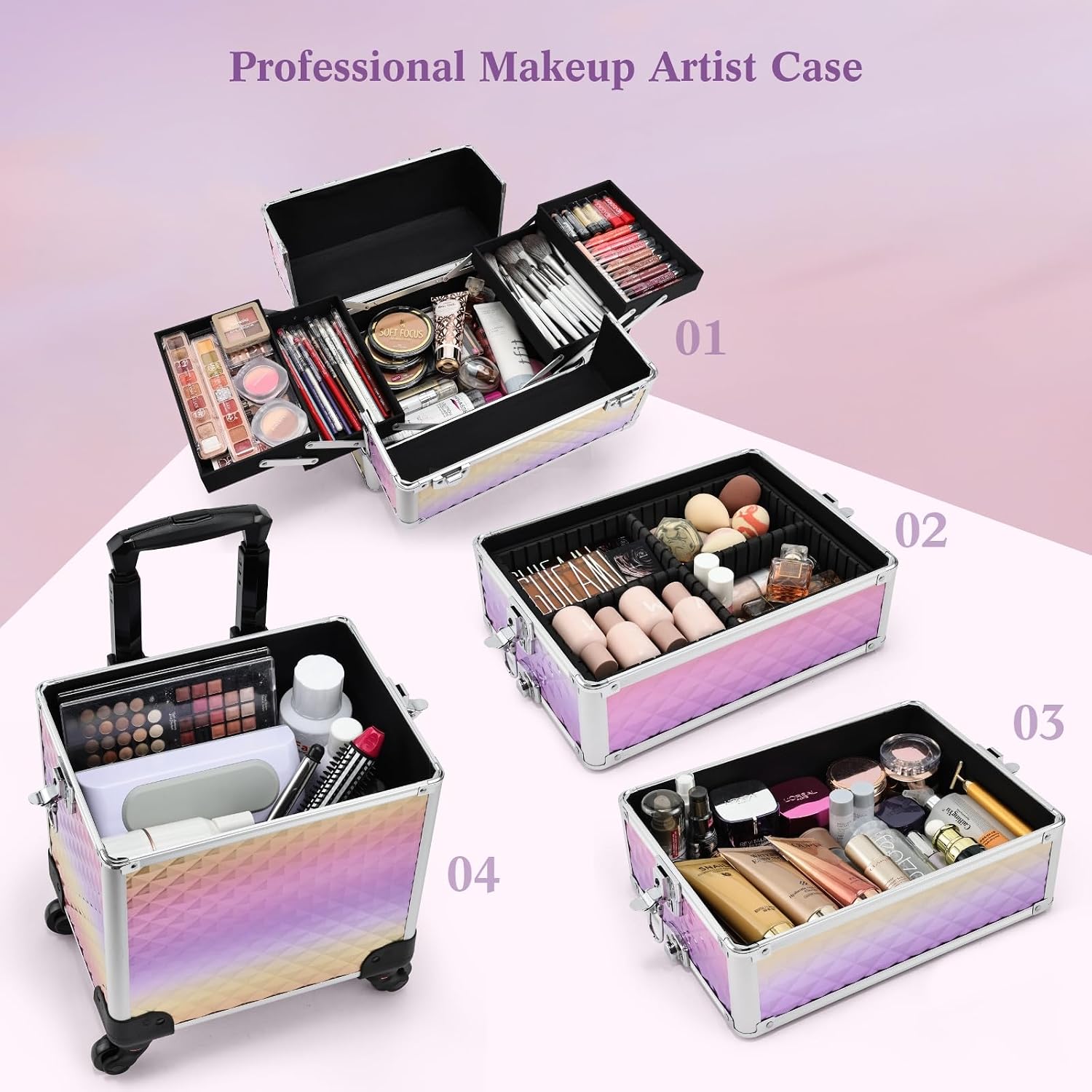 Yueieoun Makeup Case on Wheels, Rolling Train Case, 4-in-1 Makeup Trolley, Cosmetic Cases Makeup Travel Cart with Key for MUA, Hairstylists, Nail Tech, Gradient Purpple