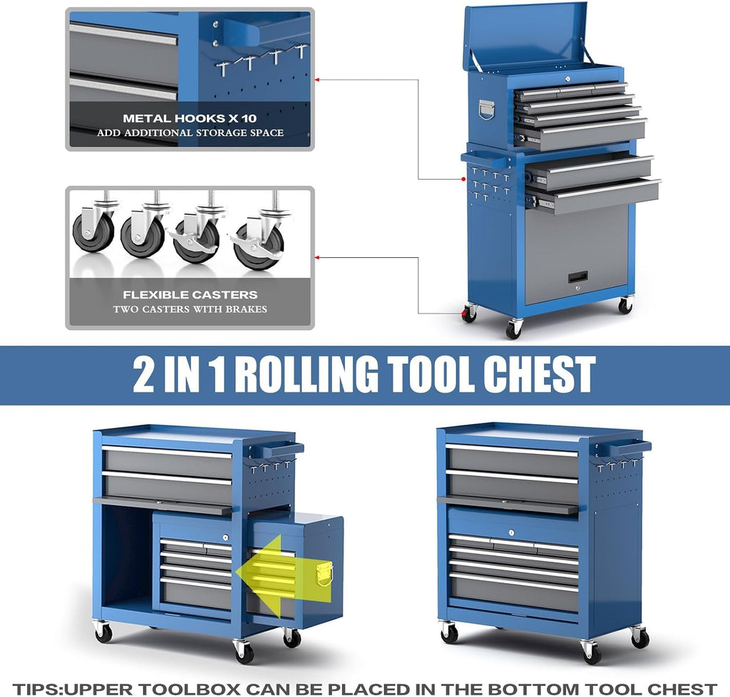 AIRAJ 8-Drawer Tool Chest with 360° Swivel Castors,42' Rolling Tool Chest with Drawers and Lock,2-in-1 Detachable Metal Cabinet with Drawer Liners and Trays,Suitable for Garages,Workshops &Warehouses
