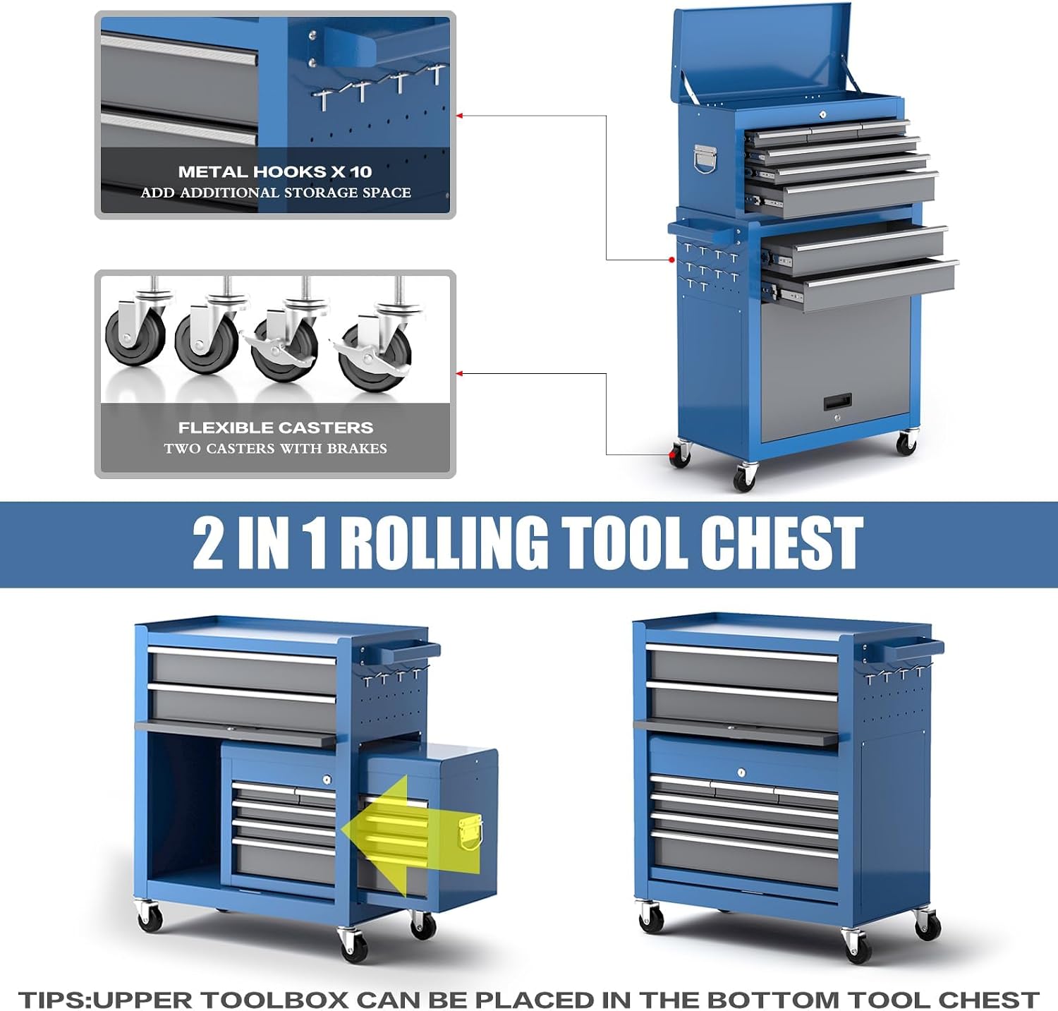 AIRAJ 8-Drawer Tool Chest with 360° Swivel Castors,42' Rolling Tool Chest with Drawers and Lock,2-in-1 Detachable Metal Cabinet with Drawer Liners and Trays,Suitable for Garages,Workshops &Warehouses