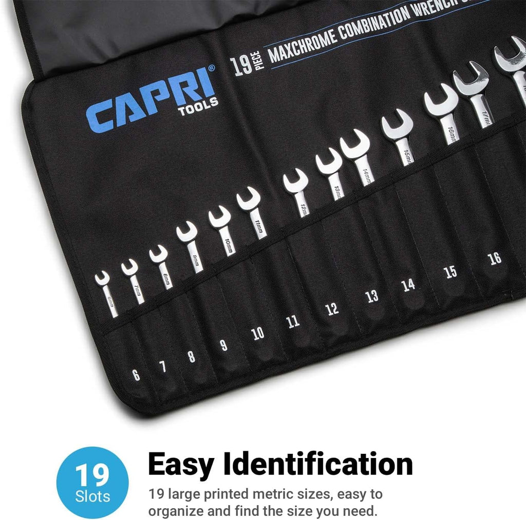 Capri Tools MaxChrome Combination Wrench Set, 6 to 24 mm, 19-Piece with Heavy-Duty Canvas Pouch