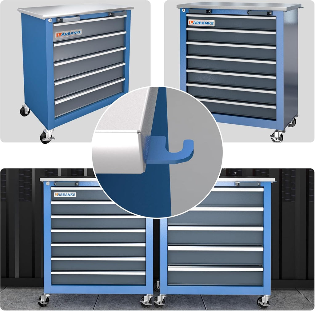 Larbanke Combination Tool Cabinet and Chest - 7+5 Drawer Tool Chest for Connected Use, Rolling with 360 Brake Wheels and Padded Feet, Blue
