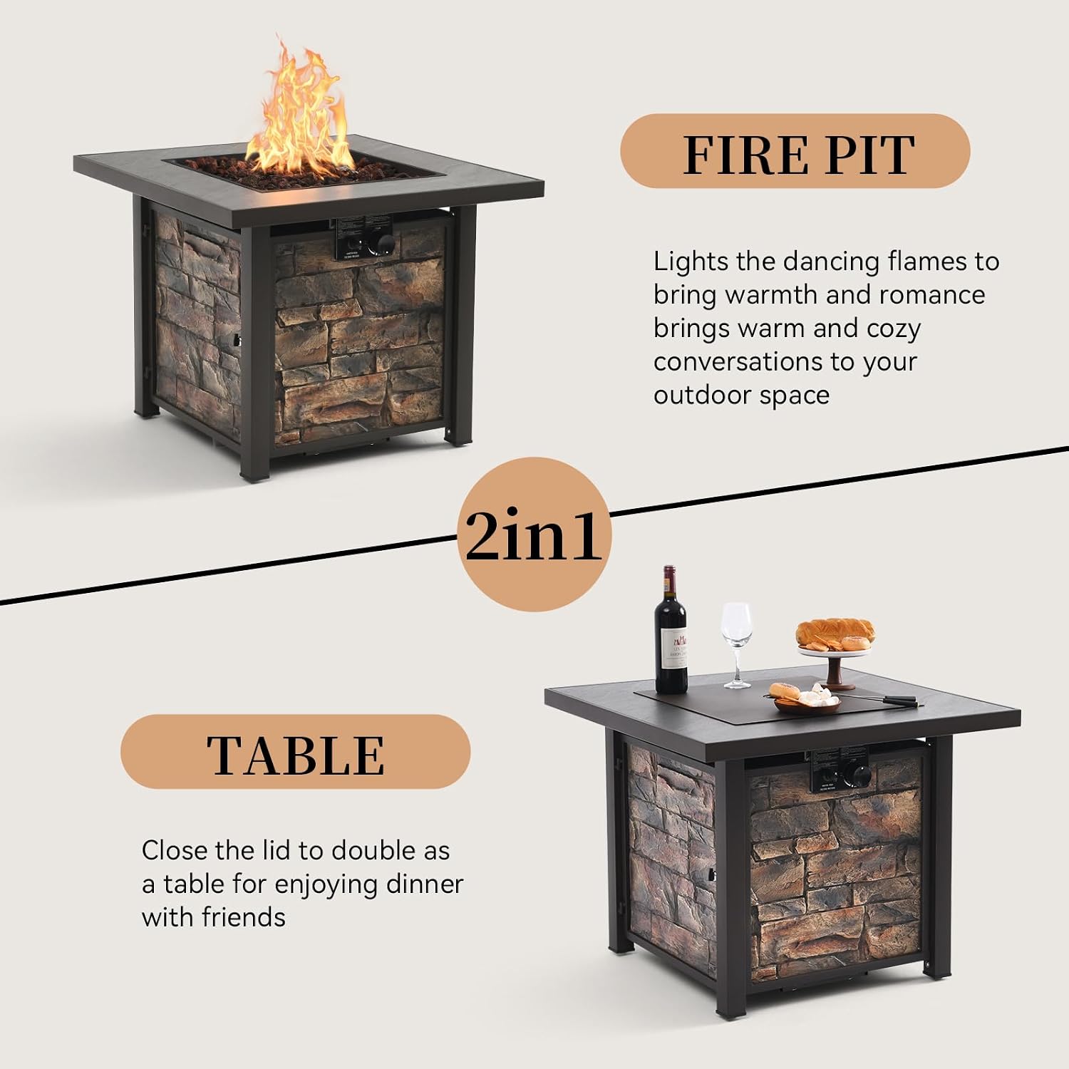32'' Propane Fire Pit Table for Outdoor, Sintered Stone Tabletop & Polyresin Stone-Look Panel, 50000 BTU Gas Fire Pit Table for Outside Patio and Garden, with Lava Rock & Metal Lid
