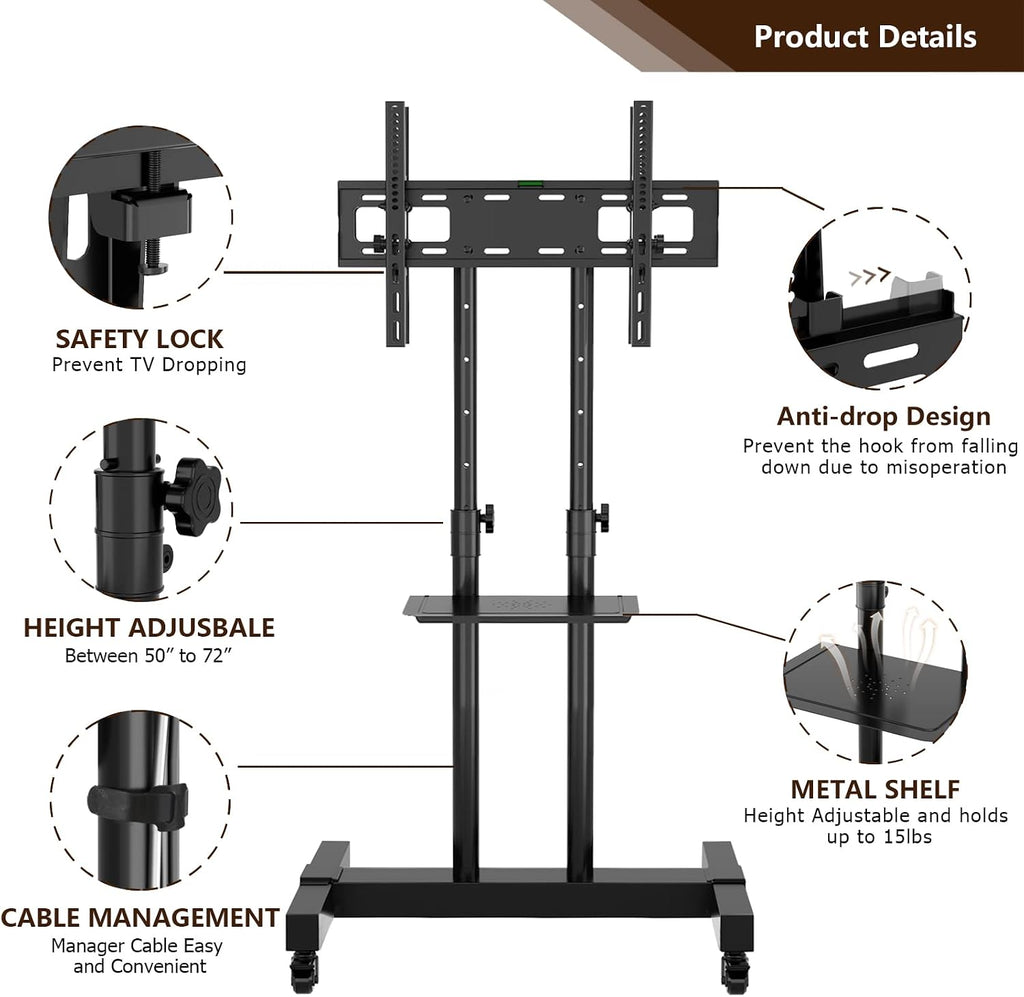 Mobile TV Stand Rolling TV Cart Floor Stand with Mount on Lockable Wheels Height Adjustable Shelf for 32-83 Inch TV Stand Flat Screen or Curved TVs Monitors Display Trolley (Black with 2 TV Brackets)
