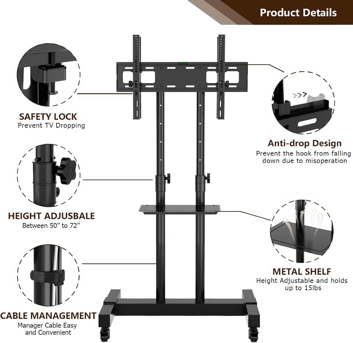 Mobile TV Stand Rolling TV Cart Floor Stand with Mount on Lockable Wheels Height Adjustable Shelf for 32-83 Inch TV Stand Flat Screen or Curved TVs Monitors Display Trolley (Black with 2 TV Brackets)
