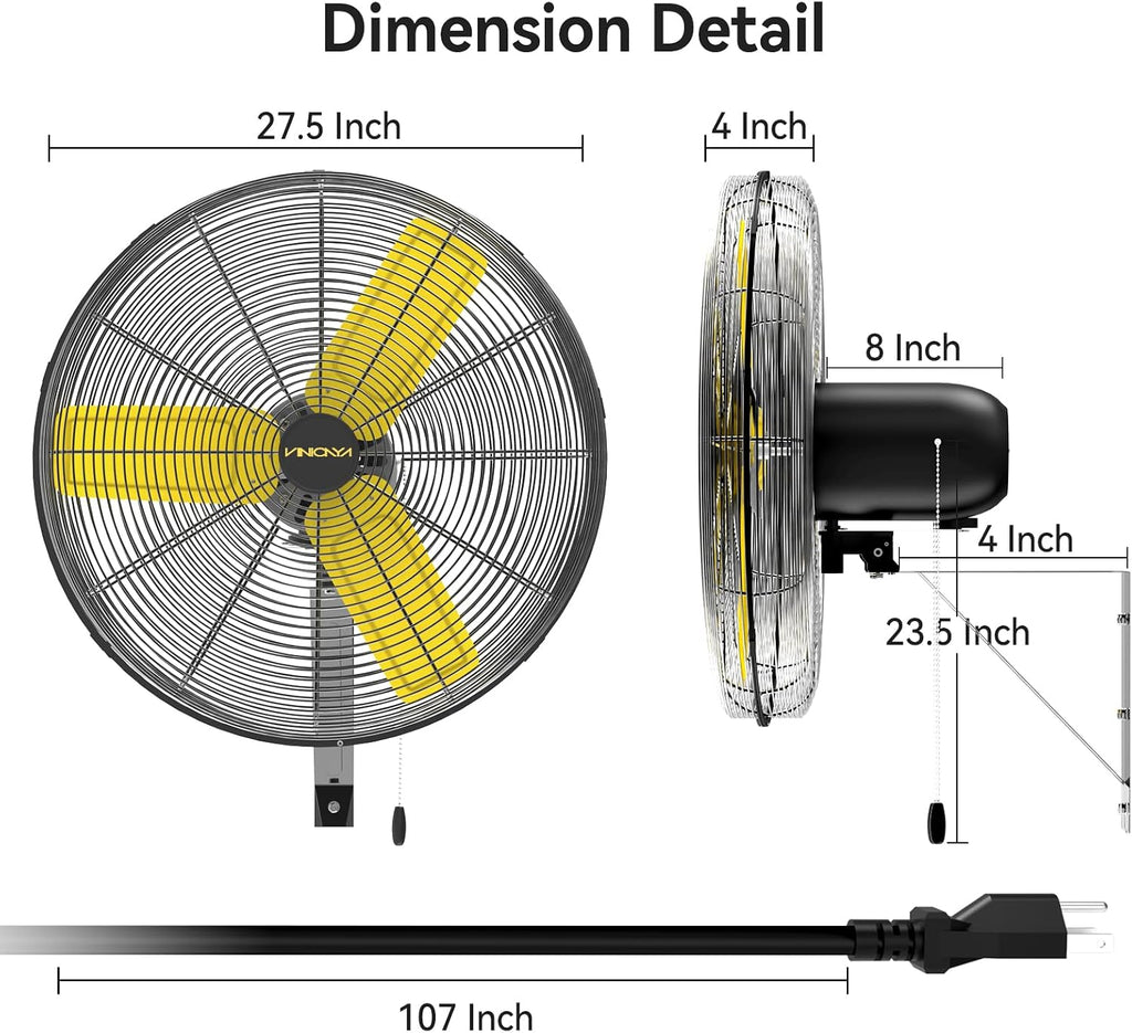 VINICAYA 24 Inch Industrial Wall Fan Oscillating, 7800 CFM Commercial Metal Wall Mount Fans with Poweful Motor, 3 Speed, Heavy Duty Indoor for Warehouse, Workshops, and Garage, UL Listed