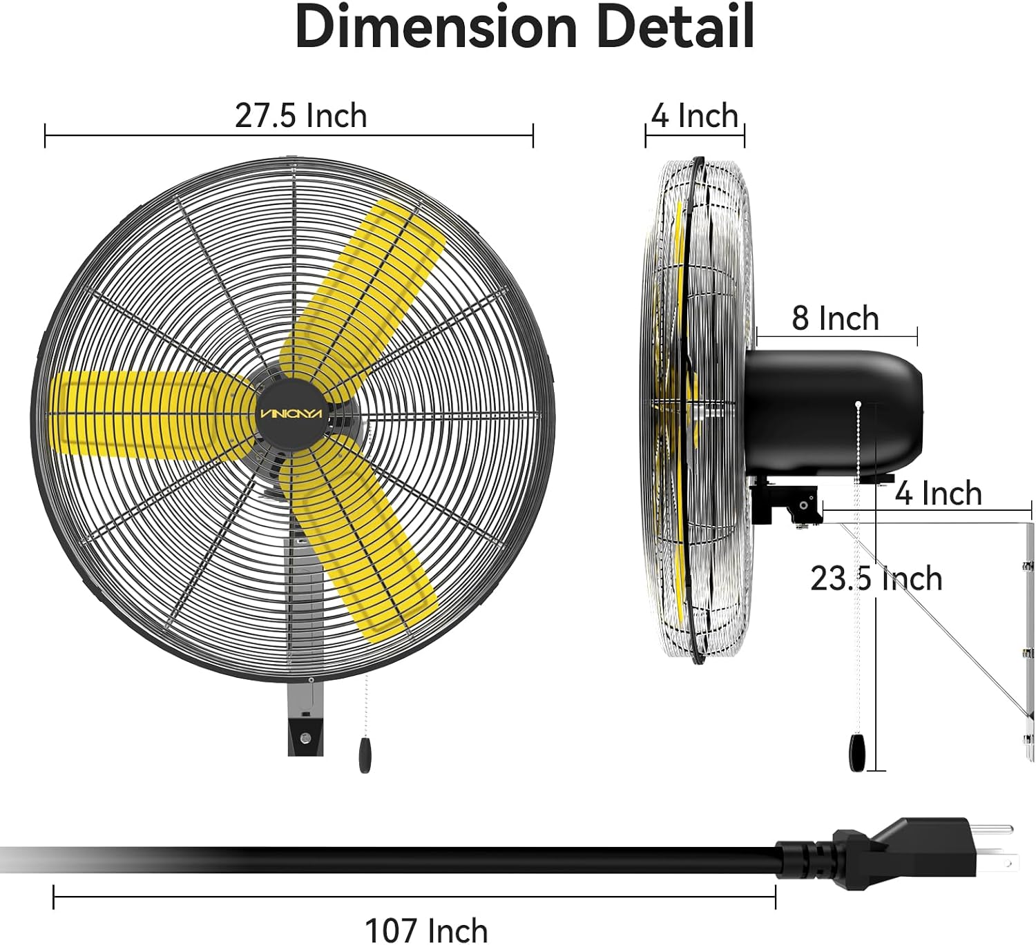 VINICAYA 24 Inch Industrial Wall Fan Oscillating, 7800 CFM Commercial Metal Wall Mount Fans with Poweful Motor, 3 Speed, Heavy Duty Indoor for Warehouse, Workshops, and Garage, UL Listed