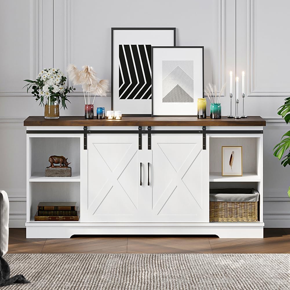 Farmhouse TV Stand for TVs up to 65', Modern Entertainment Center with Sliding Barn Doors & Adjustable Shelves, TV Console for Living Room, Heavy Duty 220lbs Load (White)