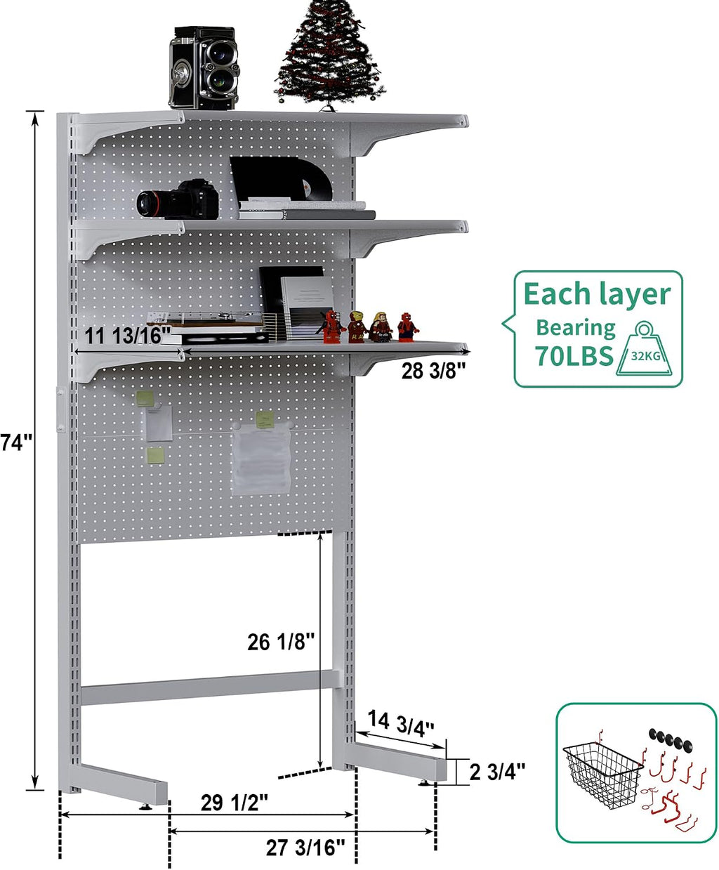 JWX DDB Standing Pegboard Shelf Unit, 30'' White Home Office shlef cabinets with Metal Pegboard and 15 Pieces Organizer Tool Holders