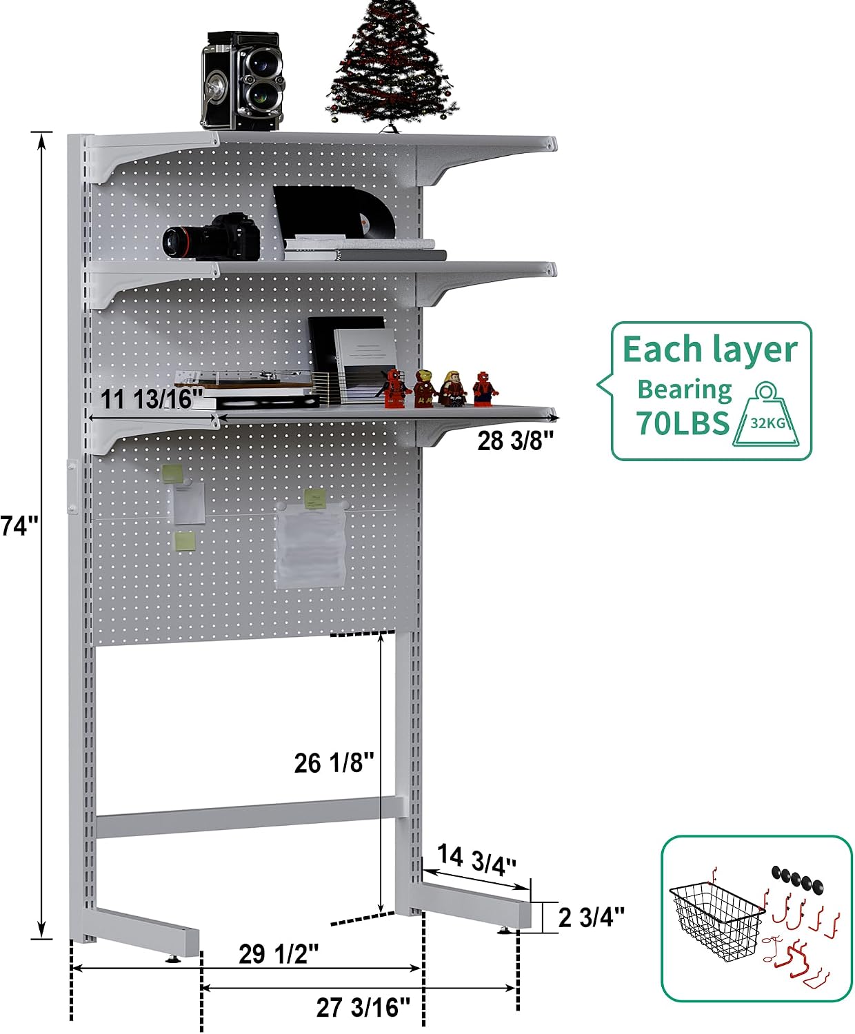 JWX DDB Standing Pegboard Shelf Unit, 30'' White Home Office shlef cabinets with Metal Pegboard and 15 Pieces Organizer Tool Holders