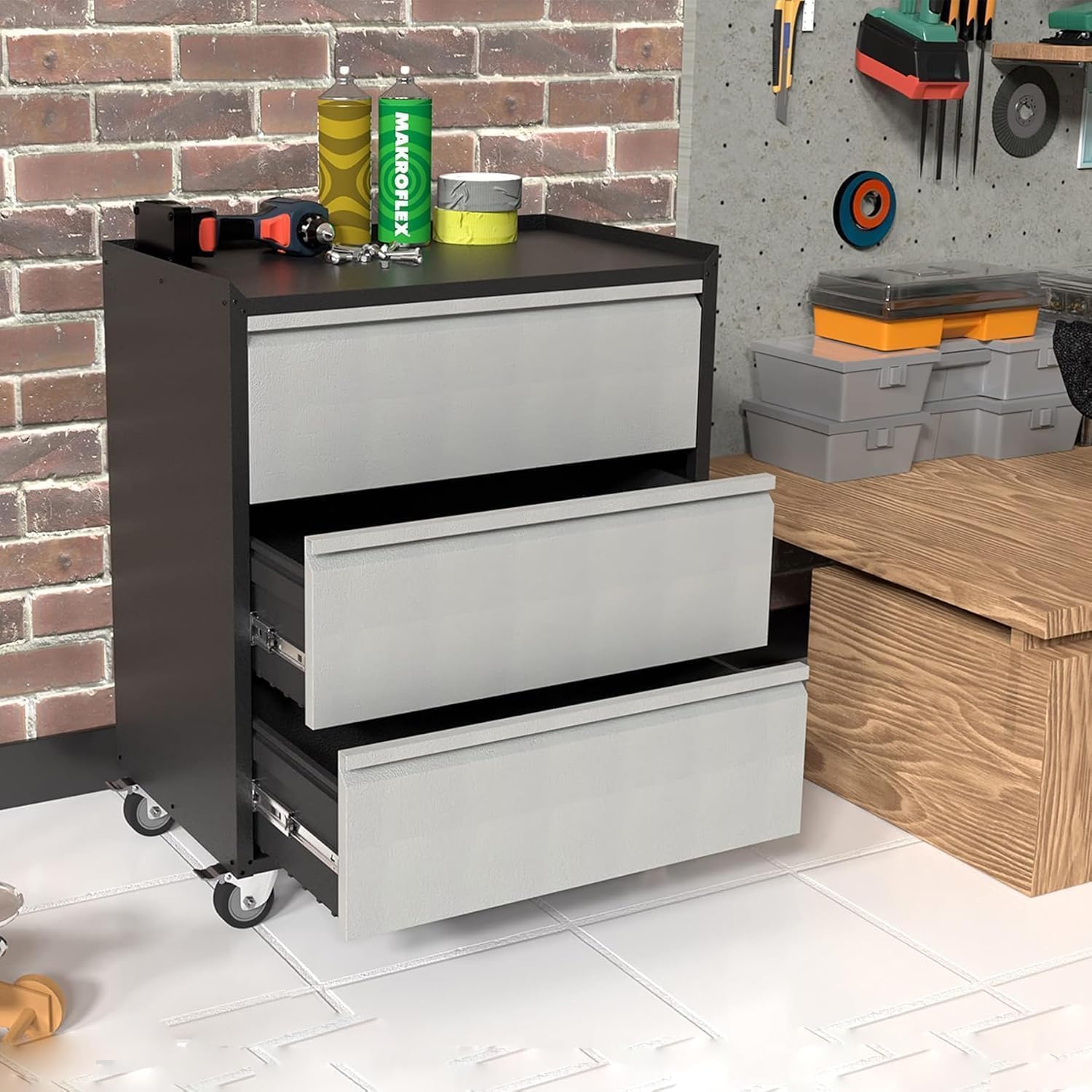 Metal Storage Cabinet with 3 Drawers on Wheels, Heavy Duty Rolling Tool Cart, Mobile Tool Chest for Garage, Workshop, Home, Office, Warehouse, Gray