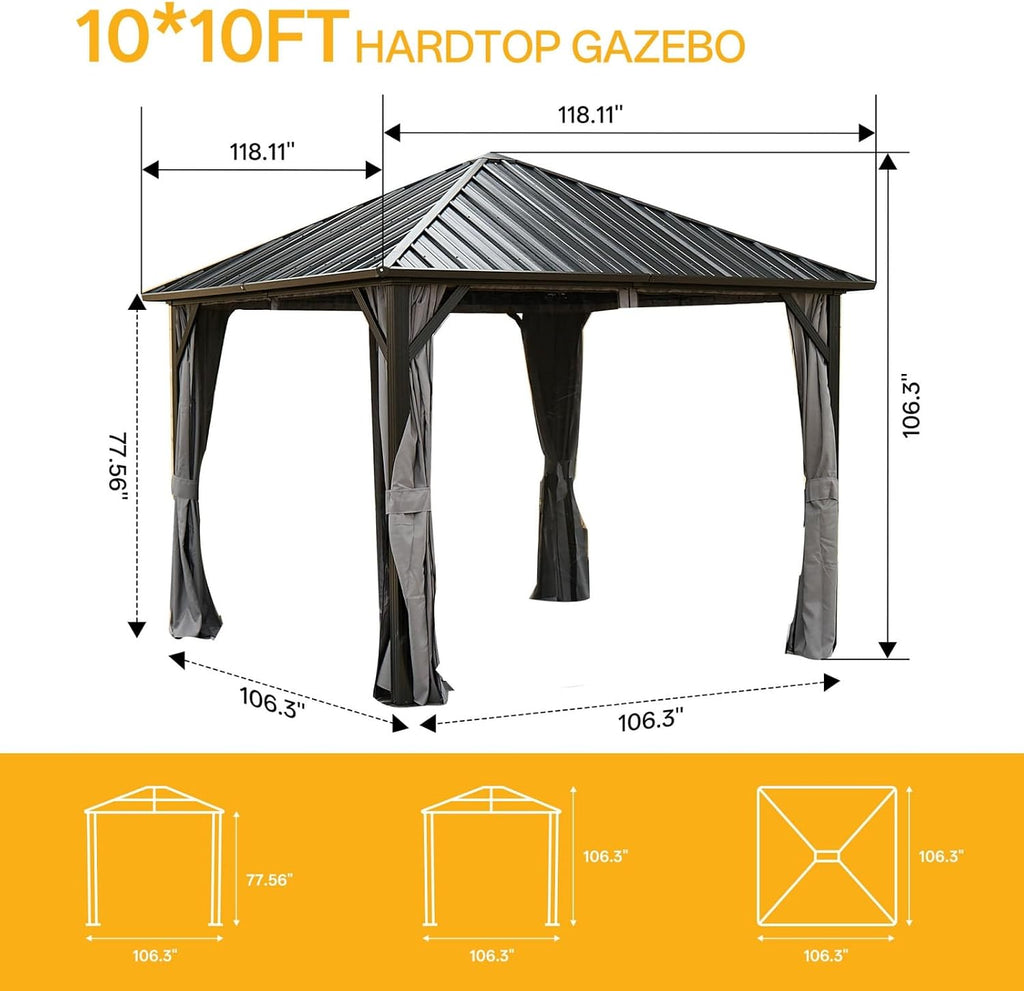 10x10 Hardtop Aluminum Gazebo, Outdoor Metal Gazebo with Netting & Curtains - Heavy Duty Iron Roof for Patios, Waterproof & Snow Load Resistant (Single Hardtop Gazebo)