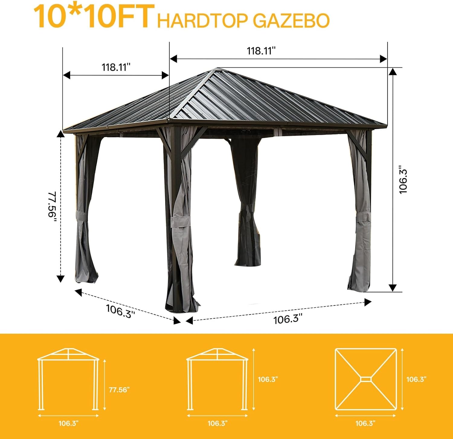 10x10 Hardtop Aluminum Gazebo, Outdoor Metal Gazebo with Netting & Curtains - Heavy Duty Iron Roof for Patios, Waterproof & Snow Load Resistant (Single Hardtop Gazebo)