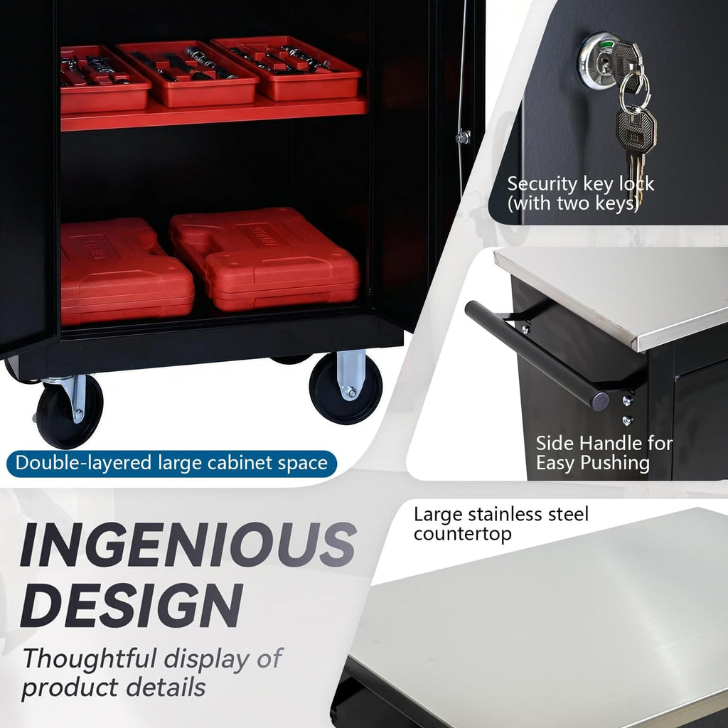1 Cabinet 2 Shelves Rolling Tool Chest with Stainless Steel Countertop,Tool Chest with Secure Locking System,Mobile Storage Tool Cabinet with 360°Wheels & Padded Feet,for Home,Garage(Black+Red)